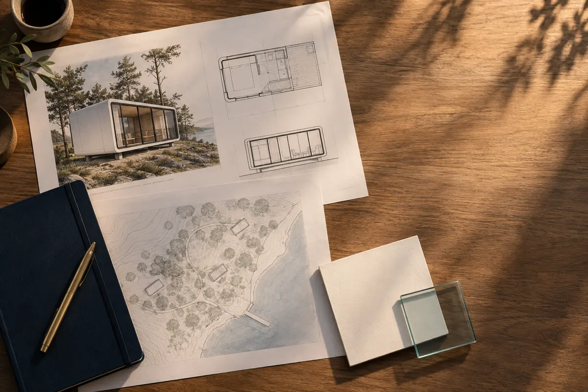 Floor plans and material samples on a desk