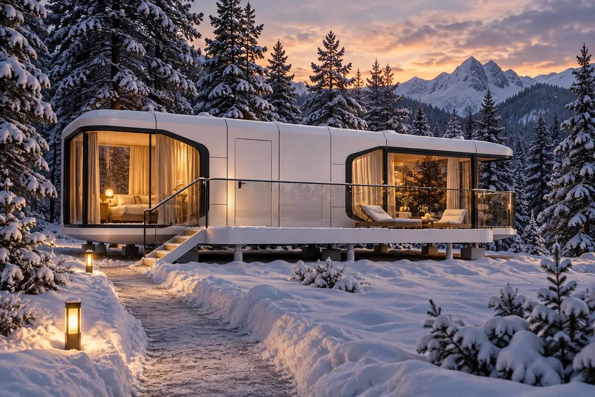 Capsule house on a snowy cold-climate site