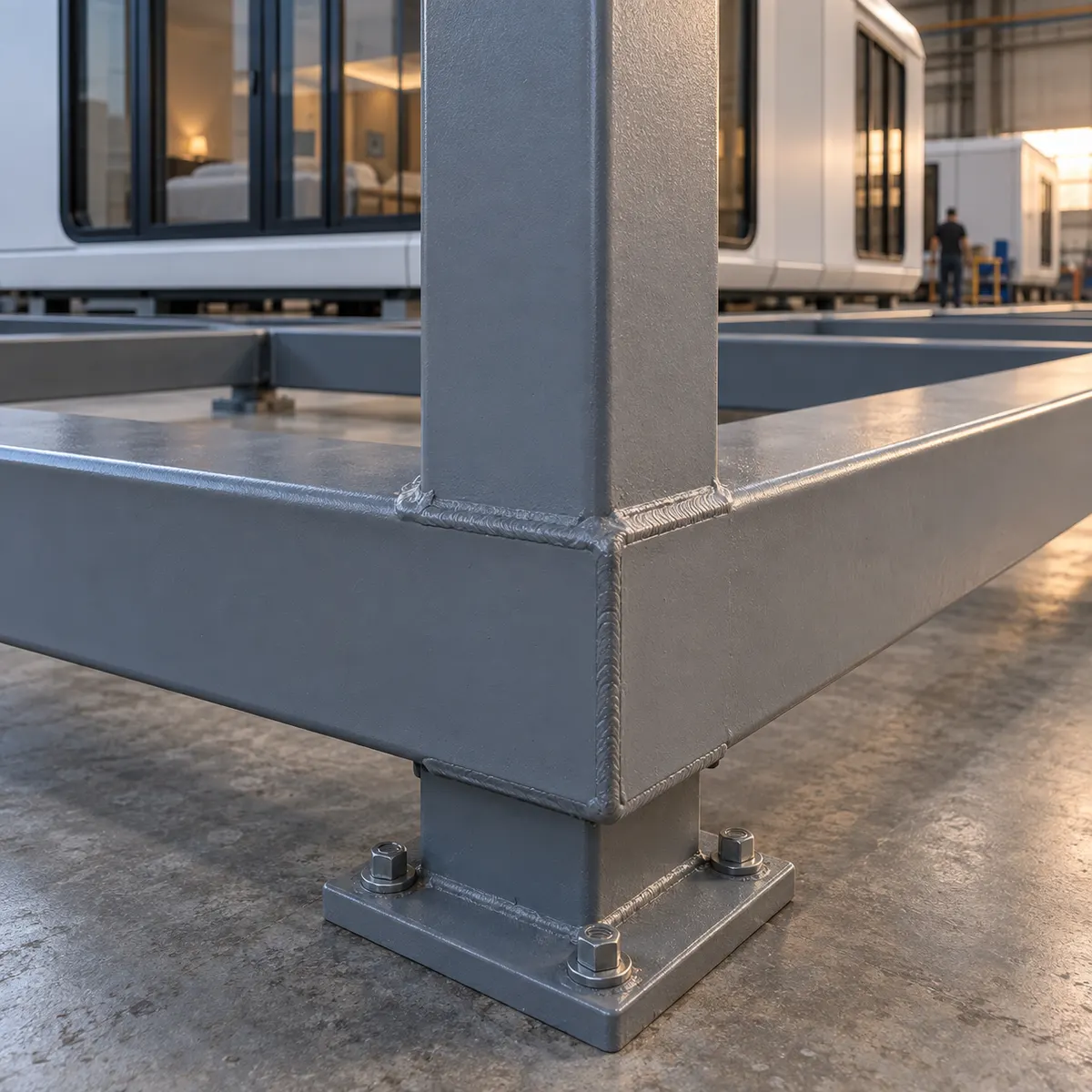 Welded steel frame of a capsule house module
