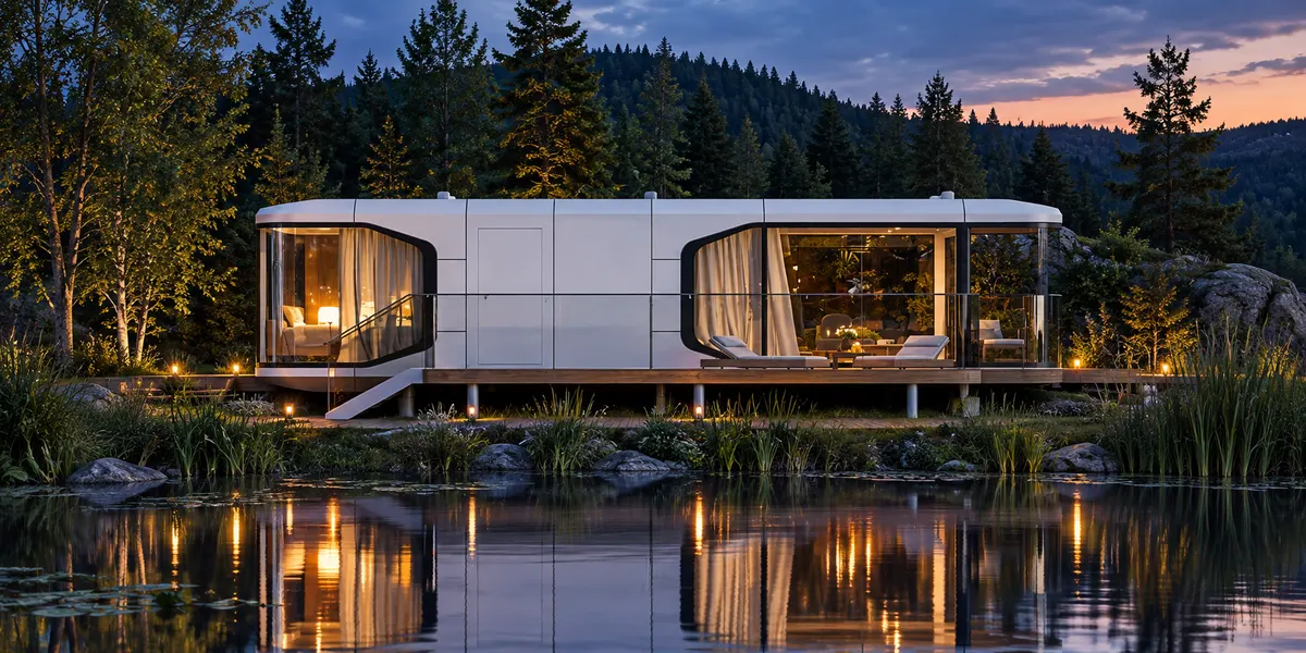 N38 space capsule house in a landscape setting